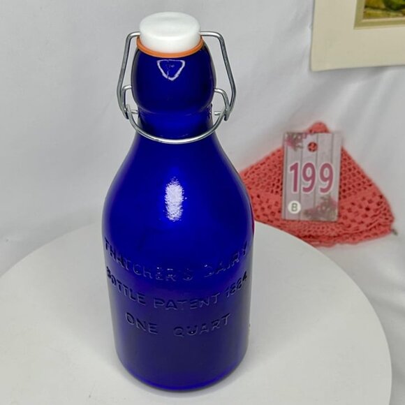 Vintage Cobalt Blue Glass Thatcher's Dairy Milk Bottle with Wire Bale Lid - Picture 2 of 8